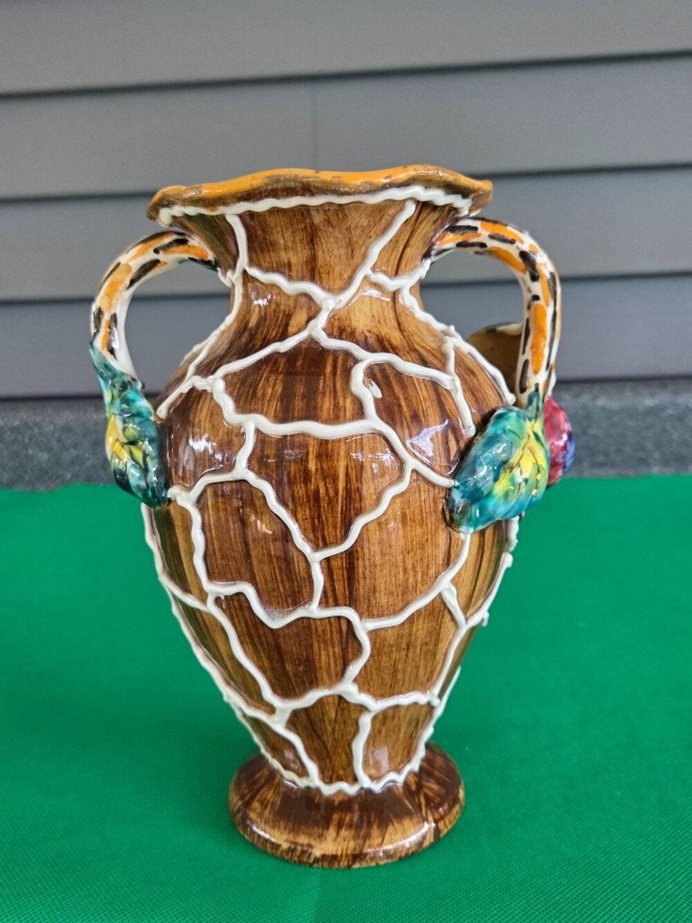 Italian Majolica Art Pottery Reticulated Overlay Double Handle Vase Signed